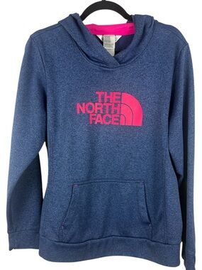 The North Face Women's Pink & Navy Blue Heathered Fleece Pullover Hoodie Size L
